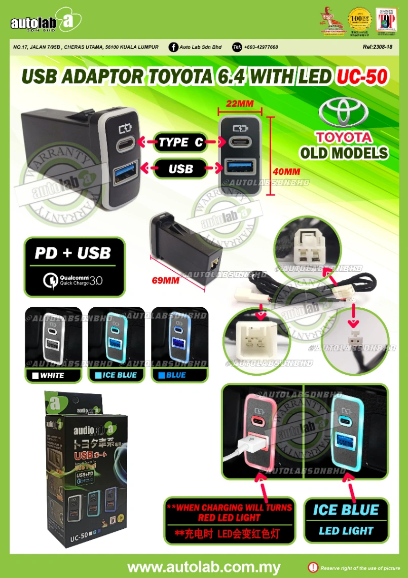 USB ADAPTOR TOYOTA 6.4 WITH LED