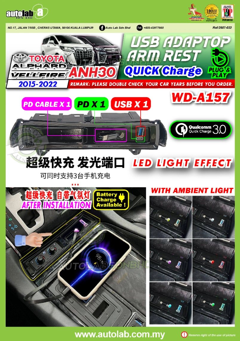 USB ADAPTOR ARM REST TOYOTA ALPHARD/VELLFIRE ANH30 2015-2022